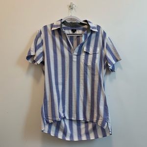 blue and white striped collared shirt